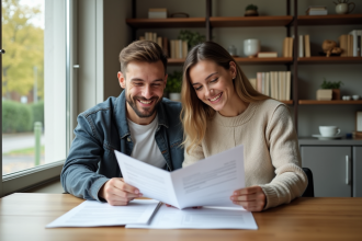 Jeune couple souriant examinant des documents de prêt immobilier