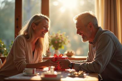 Couple souriant échangeant des cadeaux à table décorée