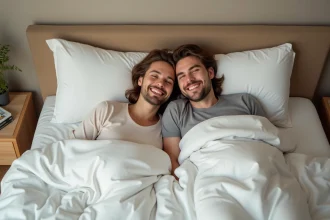 Couple détendu allongé ensemble sur un lit confortable, illustrant intimité et bien-être dans la chambre