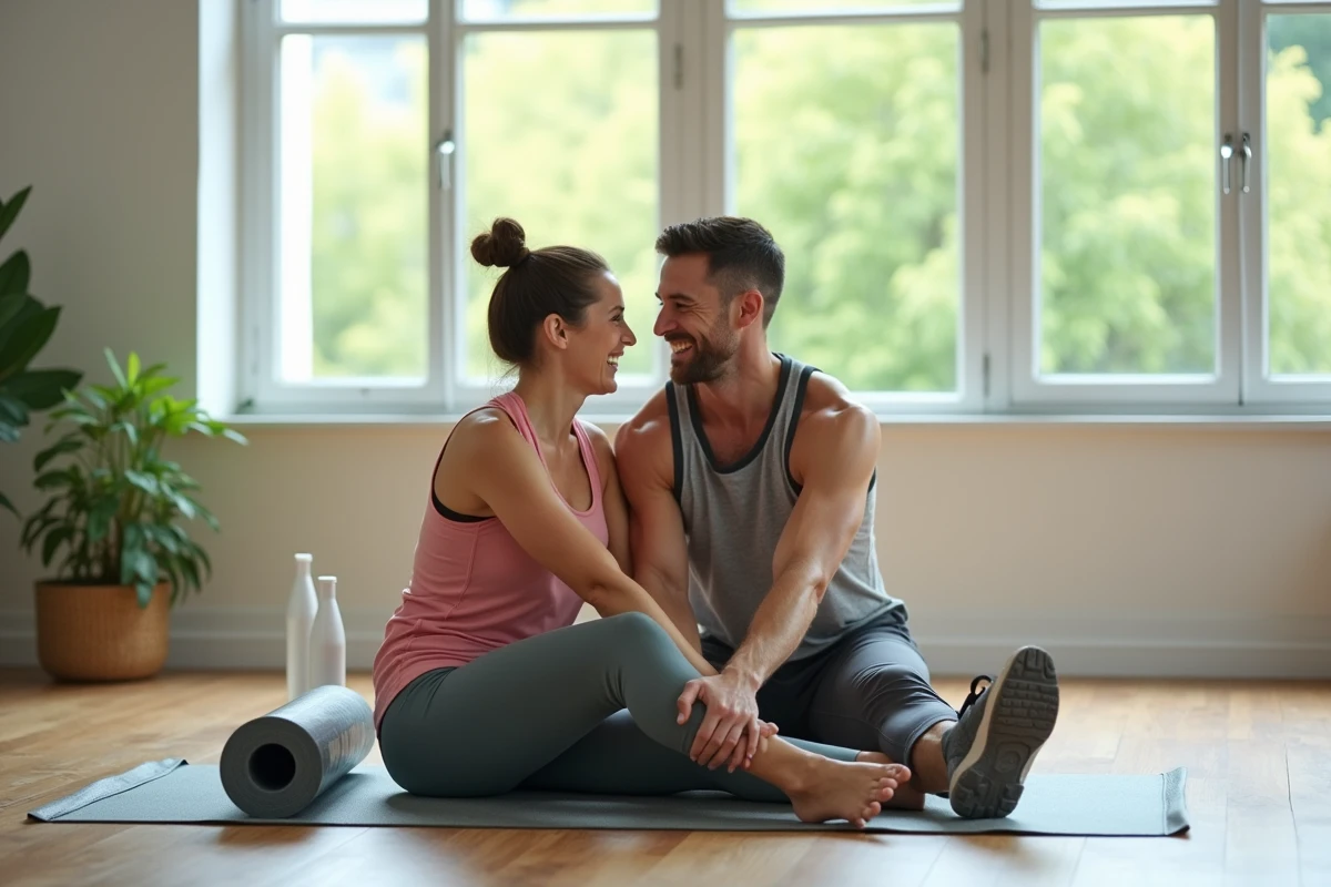 Couple faisant des étirements ensemble dans un espace fitness à domicile, symbole de complicité et de forme physique