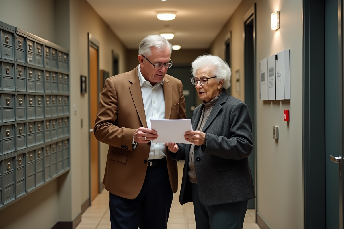 Couple âgé examinant une enveloppe dans le hall d
