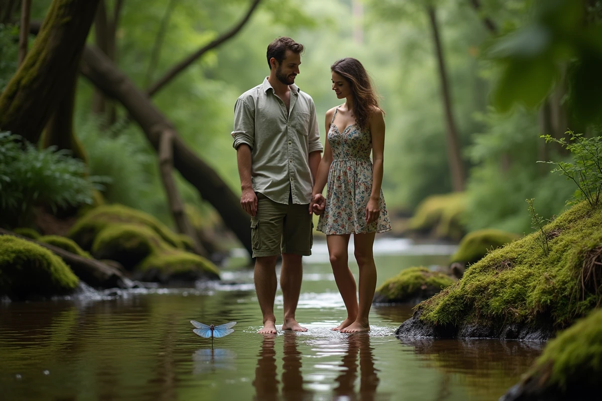 Couple observant une libellule bleue au bord d'une rivière symbolisant l'harmonie amoureuse