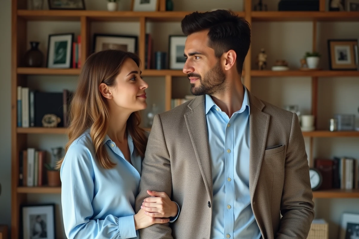 Couple dans un salon chaleureux avec livres et photos