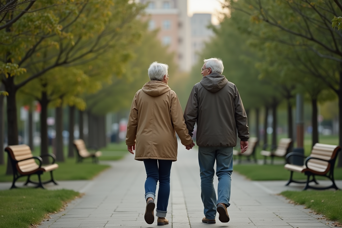 Couple âgé marche main dans la main dans un parc urbain paisible