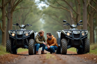 Couple examinant deux quads tout-terrain en nature