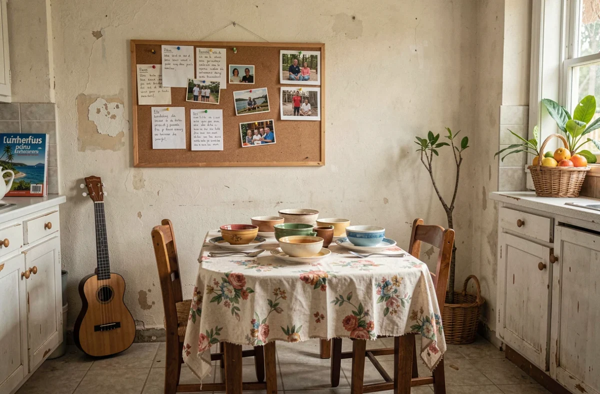 Cuisine familiale modeste aux influences culturelles mêlées, évoquant l'environnement d'enfance et le milieu social d'origine