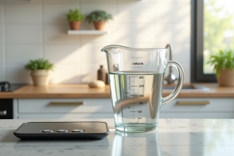 Plan d'une cuisine moderne avec un verre de 200 cl et une balance