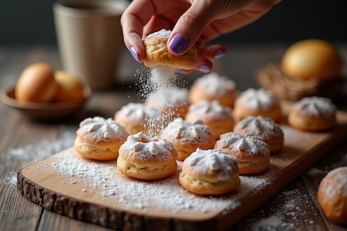 Main saupoudrant sucre glace sur choux artisanaux