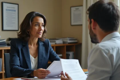 Femme d'origine nord-africaine consultant un fonctionnaire français dans un bureau administratif pour une demande de nationalité française