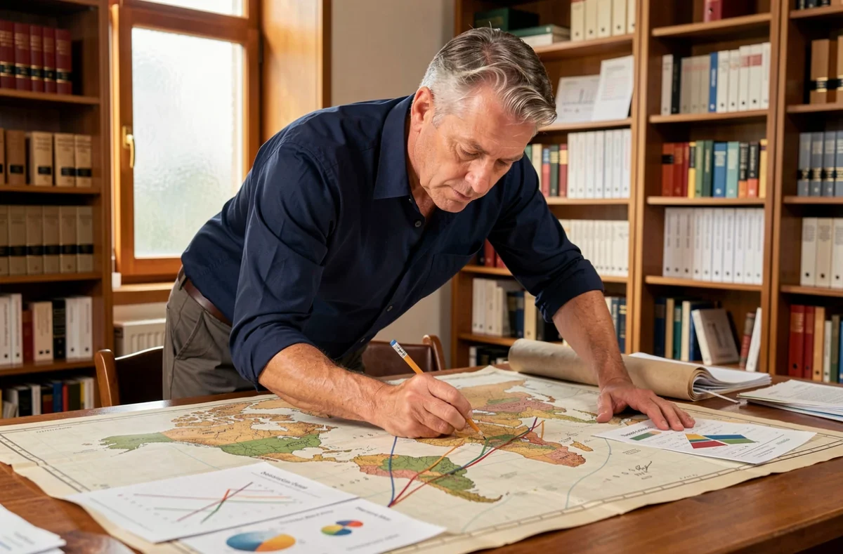 Démographe adulte analysant une carte du monde et des graphiques d'évolution de la population mondiale depuis 1950 dans un bureau
