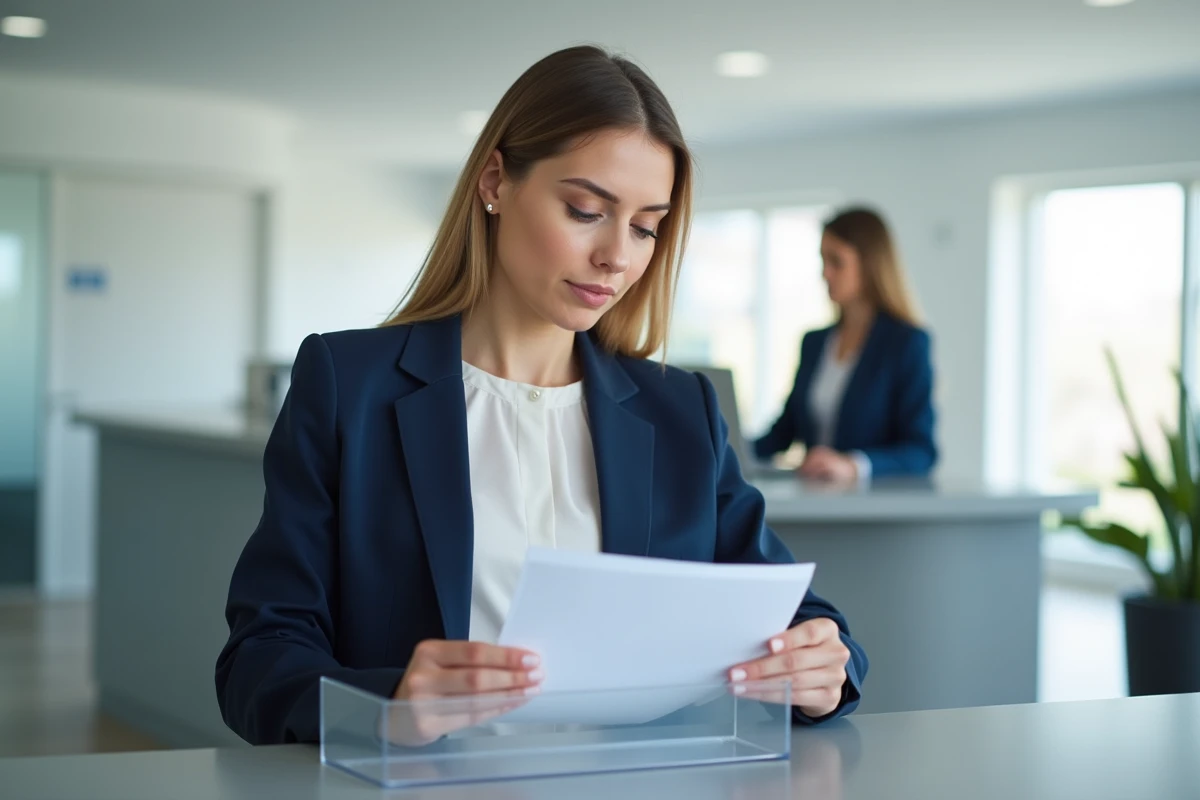 Jeune femme déposant une attestation d'hébergement gratuit dans un dossier administratif à un guichet