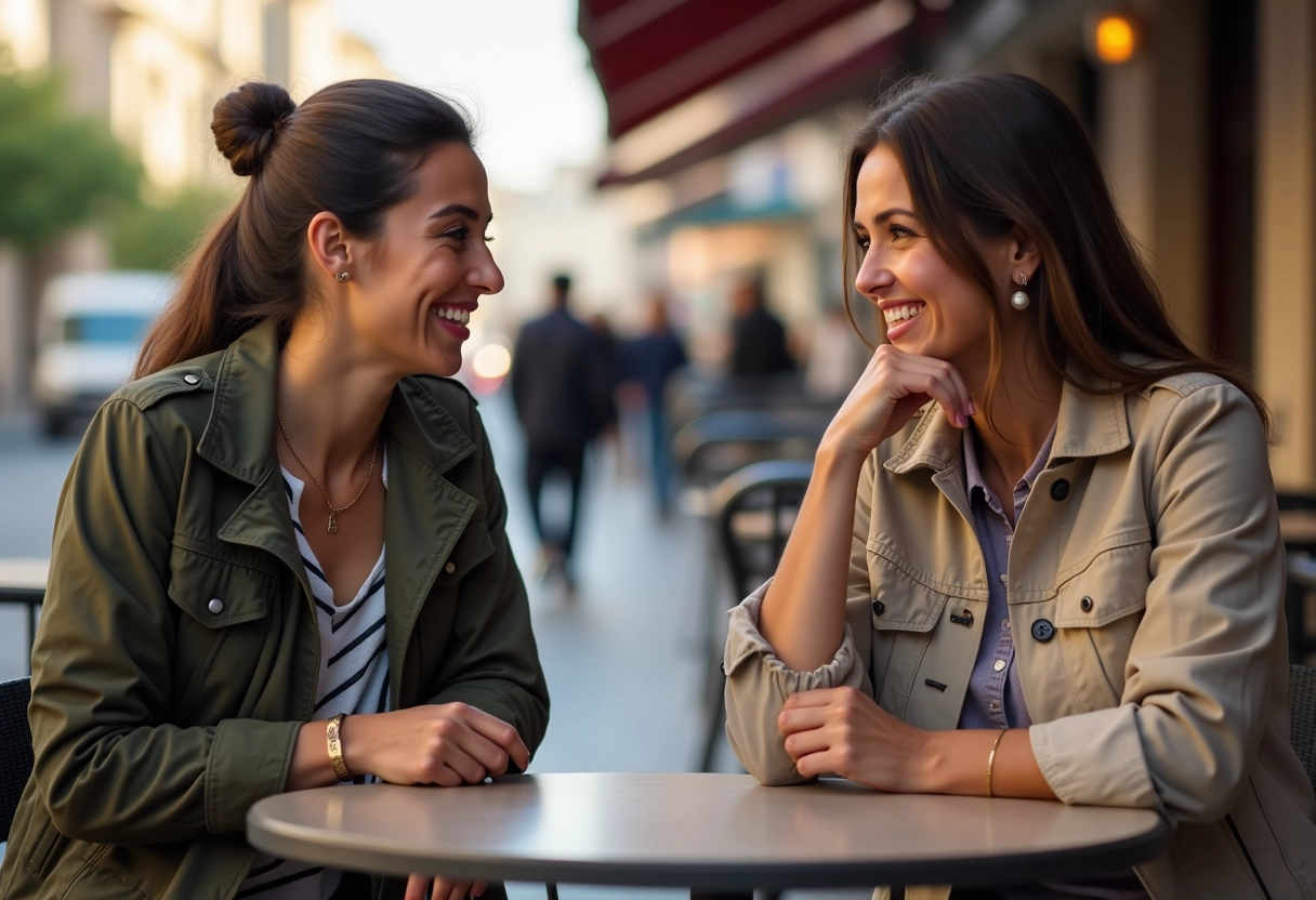 Deux femmes discutant amicalement dans un café de quartier