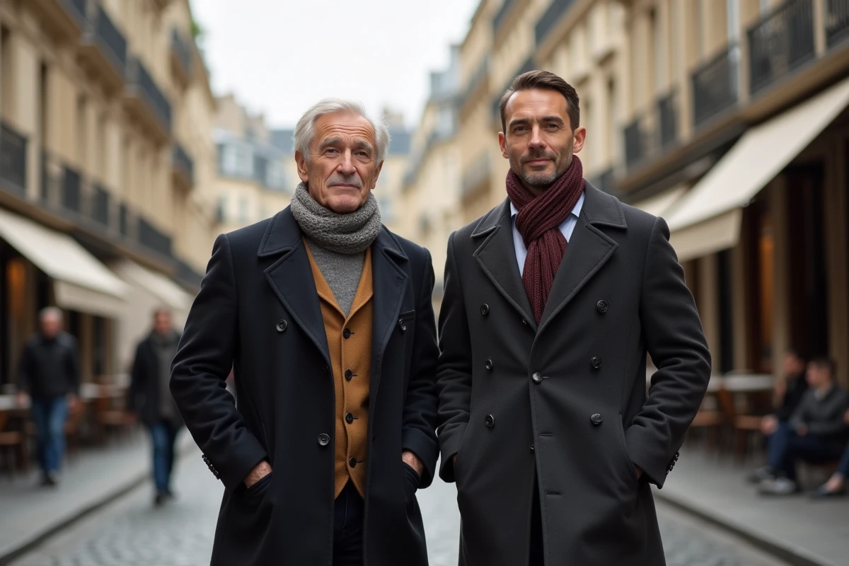 Deux hommes marchant dans une rue parisienne élégante
