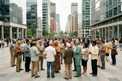 Groupe de personnes de cultures et origines diverses réuni dans une place urbaine moderne, illustrant la diversité de la population mondiale