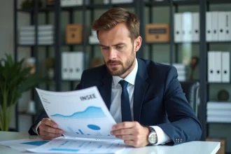 Économiste homme en bureau analysant des graphiques économiques