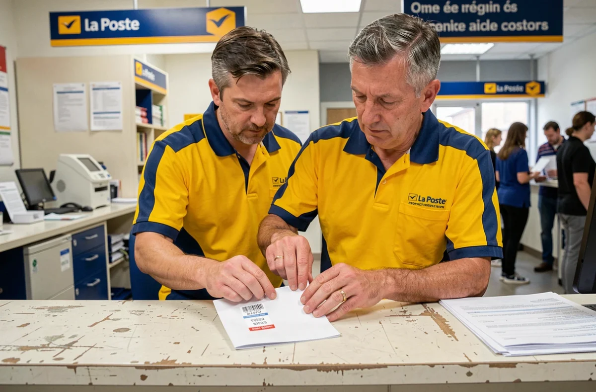 Employé de la Poste apposant un numéro de suivi sur une enveloppe recommandée au guichet