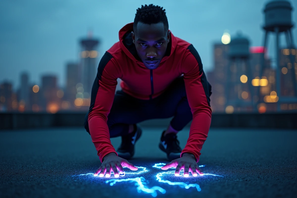 Homme jeune accroupi sur un toit new-yorkais libérant une énergie bio-électrique au sol, évoquant les capacités uniques de Miles Morales