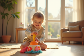 Jeune enfant avec kit de nettoyage dans le salon ensoleille