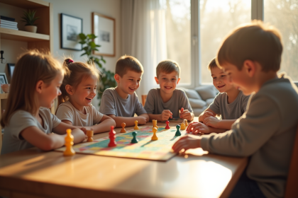 Groupe d'enfants souriants jouant à des jeux de société dans un salon lumineux