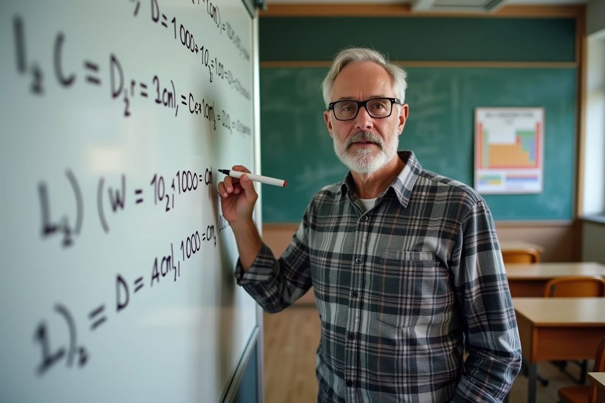 Enseignant expliquant la règle de conversion entre centimètres cubes et litres au tableau blanc