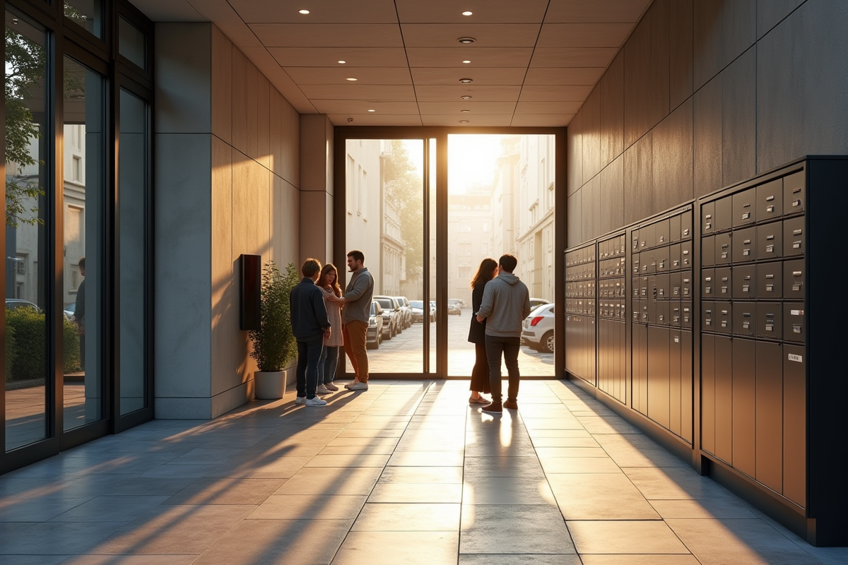 Entrée d un immeuble moderne avec personnes près des boîtes aux lettres