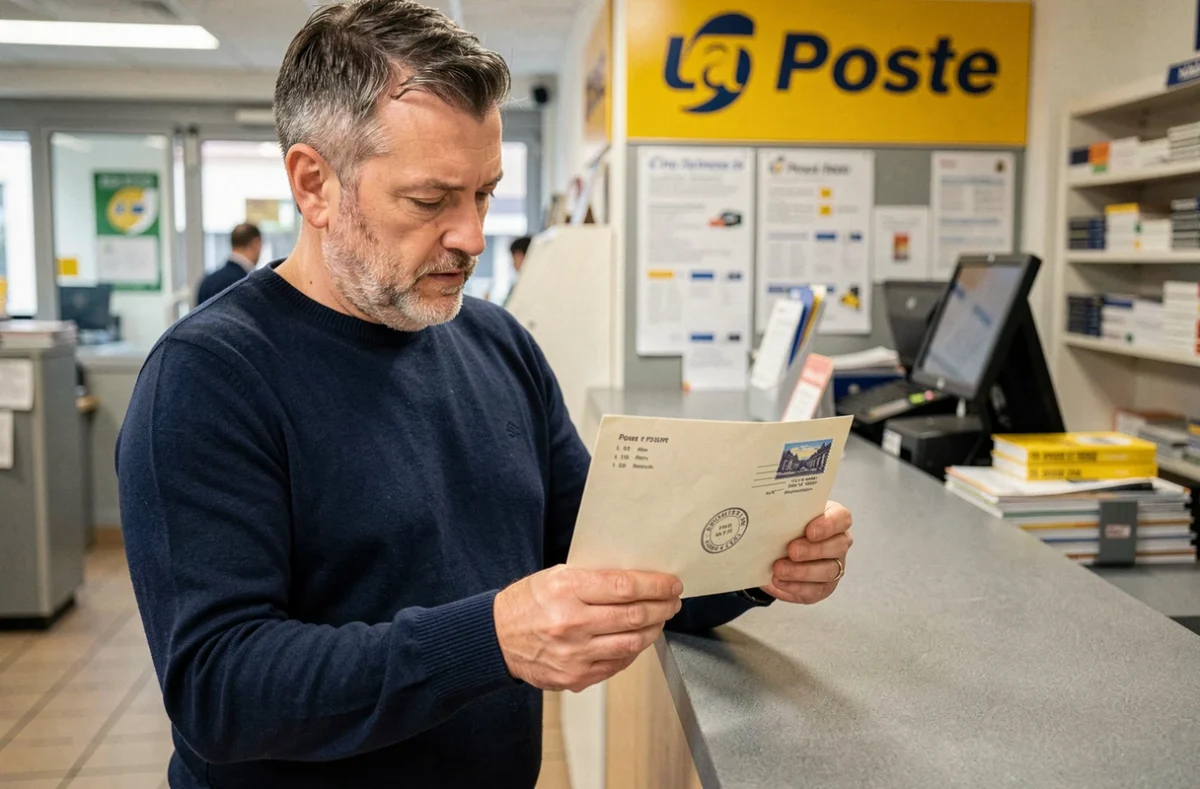 Homme examinant une enveloppe pré-timbrée au guichet d'un bureau de poste en France