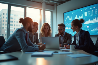 Groupe de professionnels en réunion dans un bureau moderne avec données