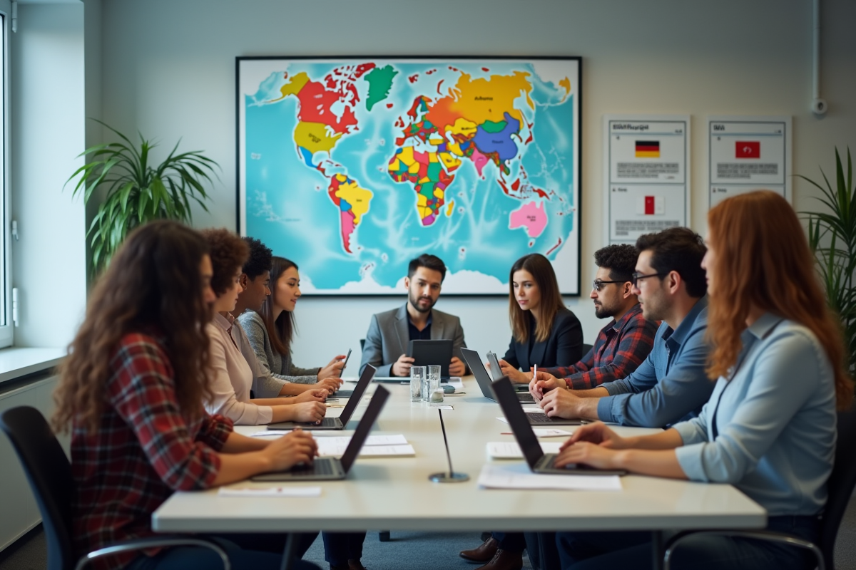 Equipe internationale collaborant avec outils de traduction en réunion