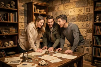 Groupe d'adultes résolvant des énigmes dans une salle d'escape game thématique dans l'Hérault