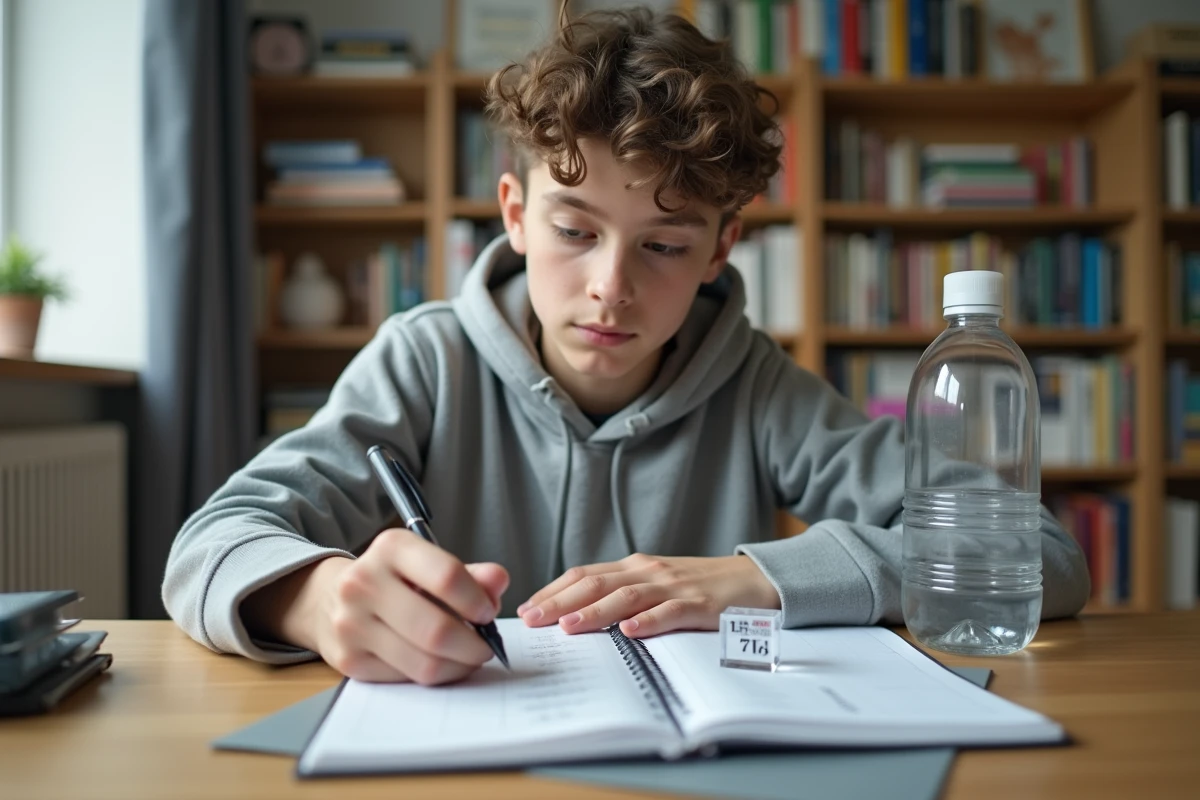 Étudiant comparant un décimètre cube et une bouteille d'un litre pour comprendre la conversion en devoirs