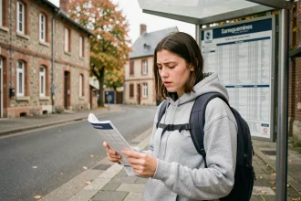 Étudiante consultant l'horaire du bus à un arrêt de Sarreguemines avec son sac à dos