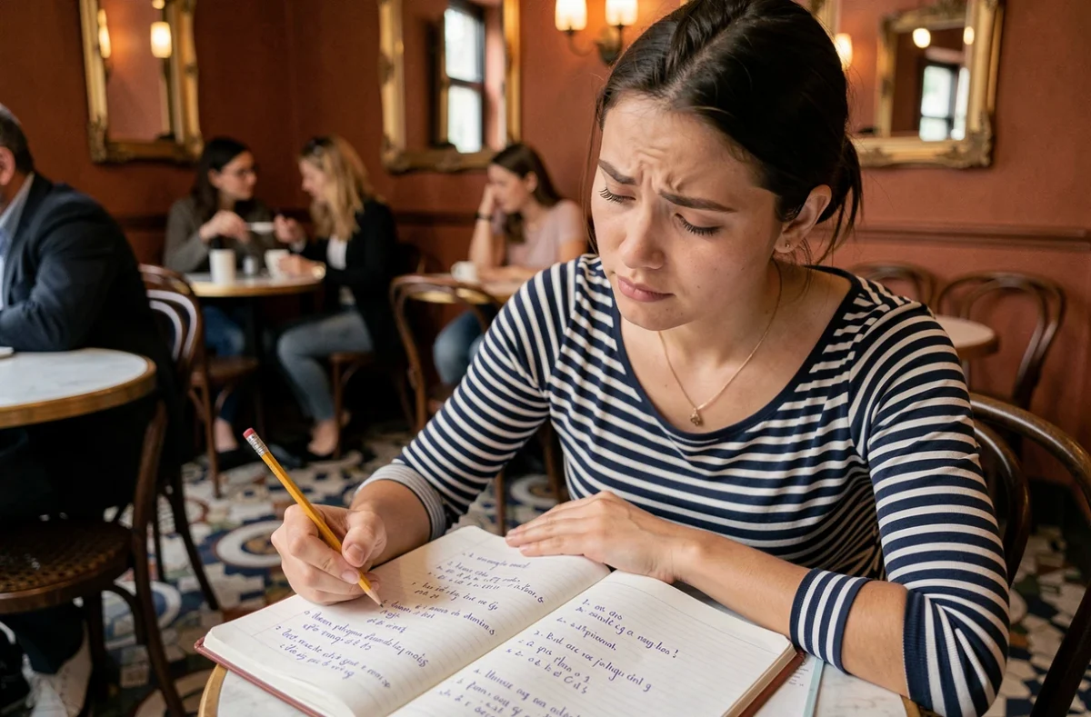 Jeune femme étudiant la grammaire française dans un café parisien avec un cahier d'exercices ouvert, illustrant l'apprentissage des erreurs fréquentes