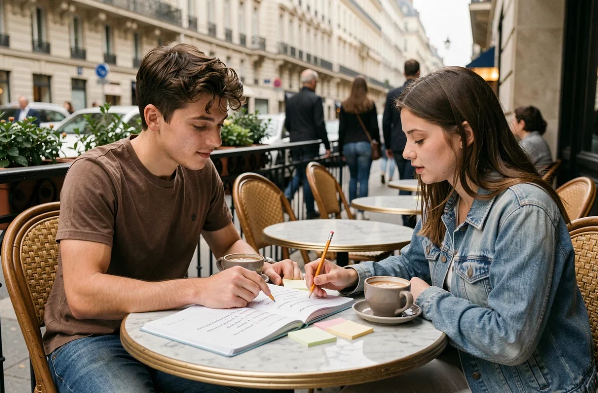 Deux étudiants qui révisent la conjugaison française ensemble en terrasse de café parisien - verbe attendre