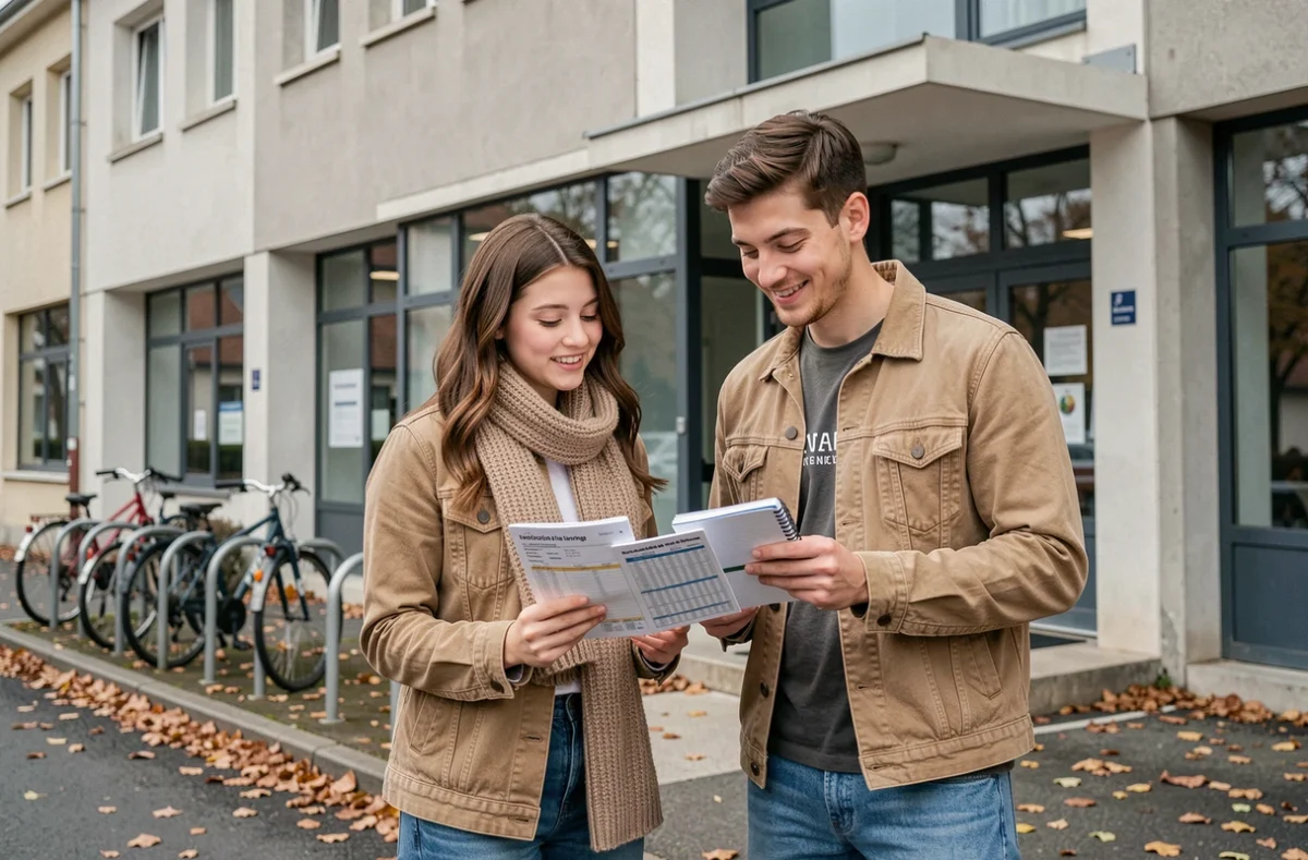 Deux étudiants comparant un horaire de bus papier devant un centre de formation à Sarreguemines