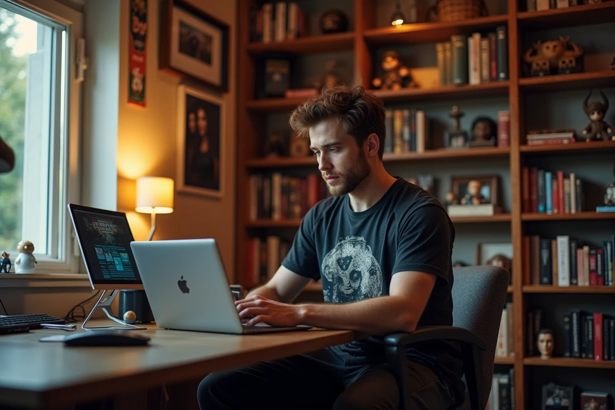 Fan passionné gérant le site jacksonrathbone.fr entouré de collection Twilight dans son bureau