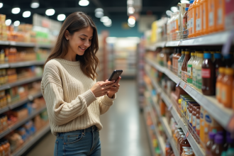 Jeune femme souriante compare prix sur smartphone en supermarche
