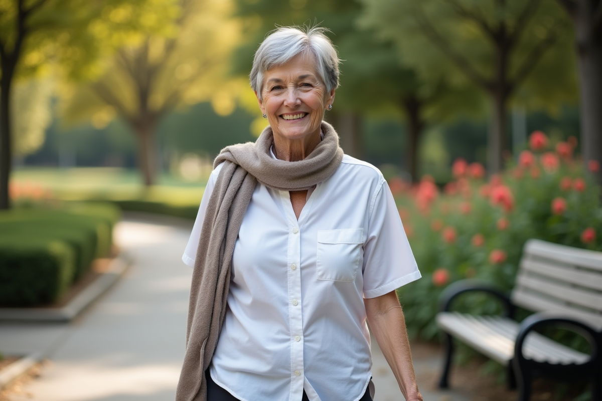 Femme de 62 ans marche dans un parc fleuri