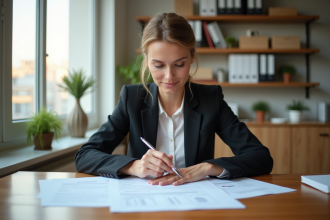 Femme d'affaires examinant des documents immobiliers dans un bureau lumineux