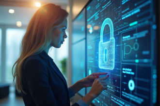 Femme d'affaires analysant des données blockchain en hologramme