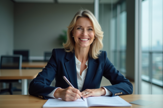 Femme d'affaires en costume navy dans un bureau moderne