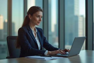 Femme confiante analysant des graphiques financiers au bureau