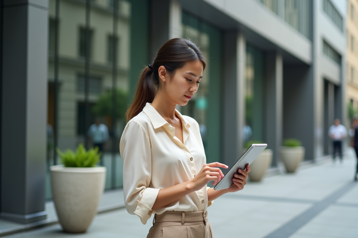 Jeune femme avec tablette analysant un graphique boursier