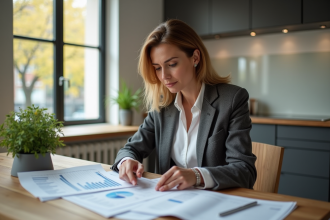 Femme d affaires française analysant un budget à la maison