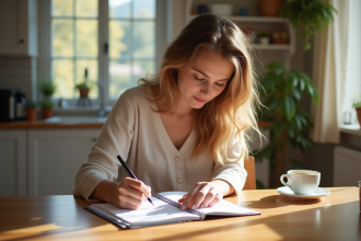 Jeune femme à la cuisine vérifiant ses factures et écrivant dans un carnet de budget