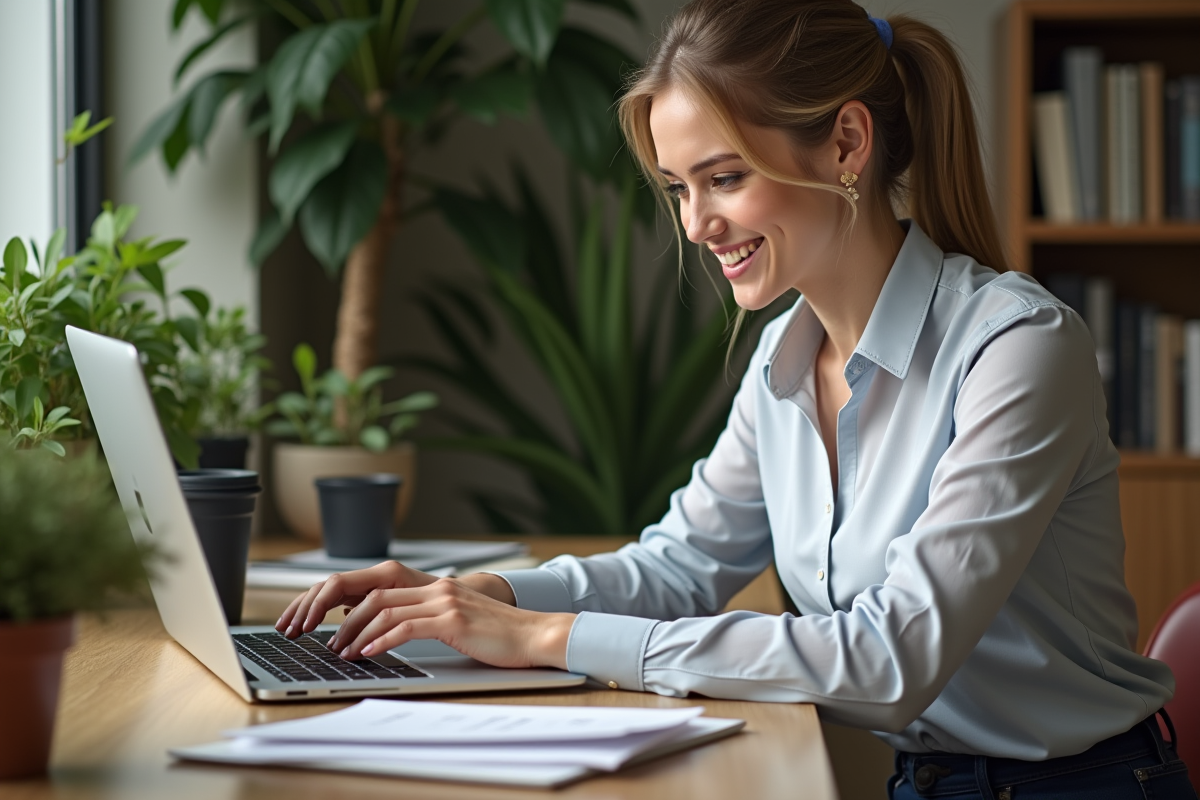 Femme au bureau travaillant sur son ordinateur portable
