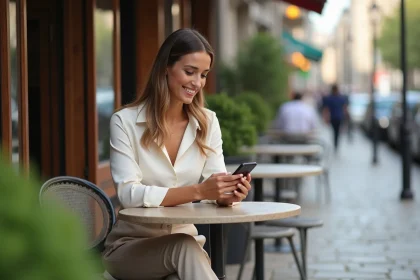 Femme élégante au café en plein air avec smartphone