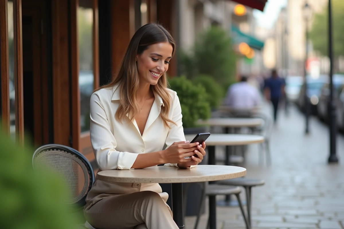 Femme élégante au café en plein air avec smartphone