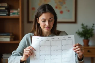 Femme consultant un calendrier avec numéros de semaines sur un bureau en bois dans un bureau à domicile