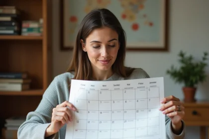 Femme consultant un calendrier avec numéros de semaines sur un bureau en bois dans un bureau à domicile