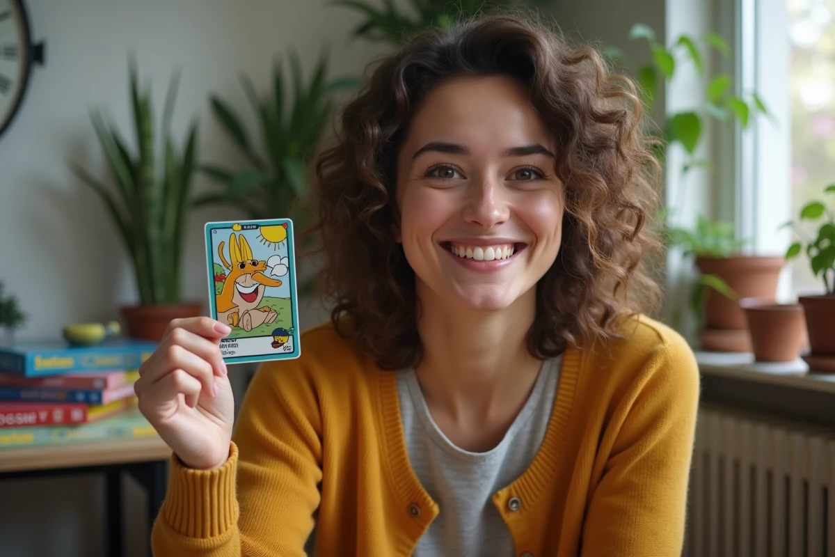 Femme tenant une carte de jeu rare et sous-estimée avec une expression de découverte dans un appartement chaleureux